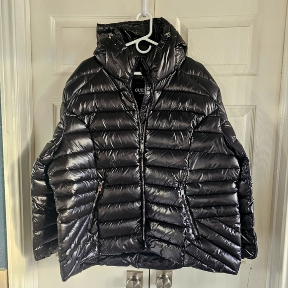 NWT Guess Shiny Black Puffer Jacket w Hoodie Pockets Full Zip 3X - Picture 1 of 15